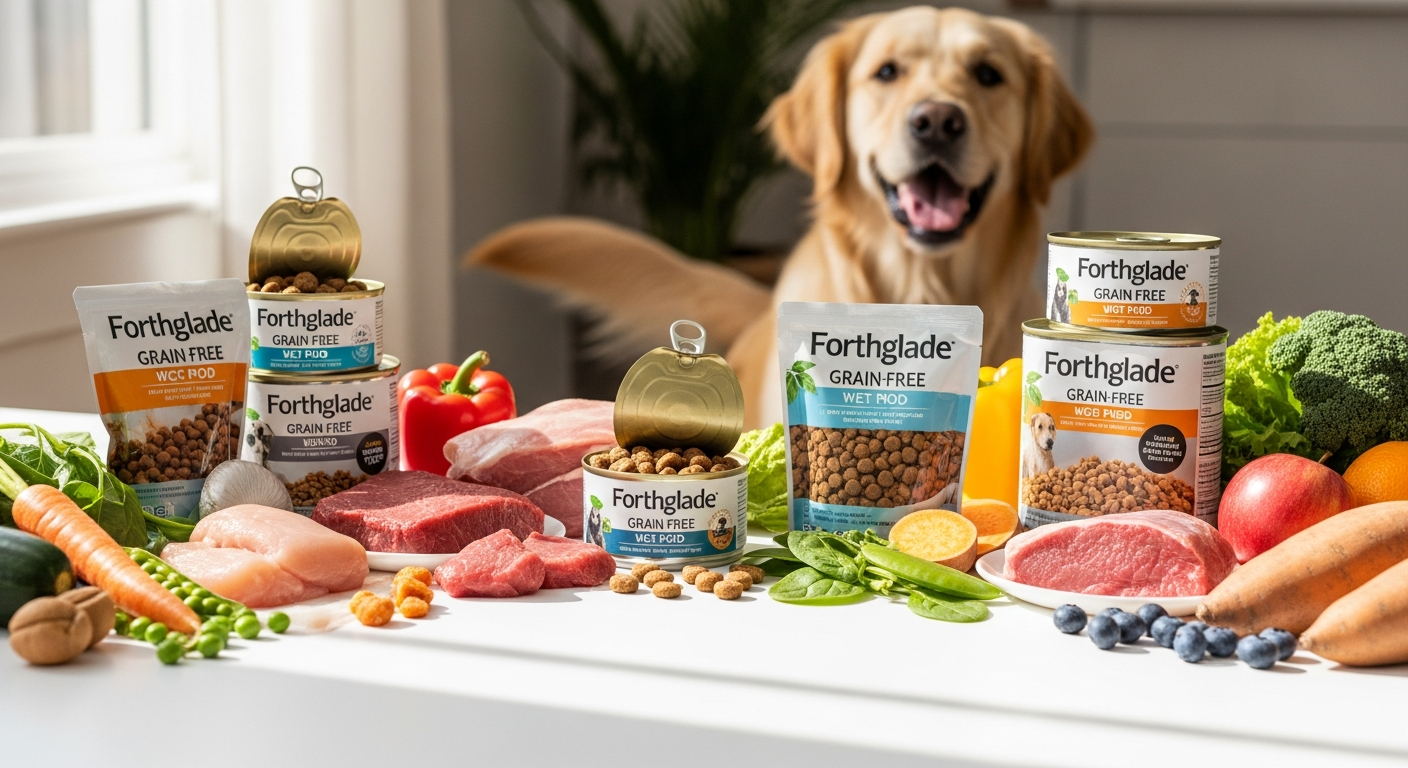 Forthglade grain-free wet dog food variety pack with chicken, lamb, and beef recipes displayed