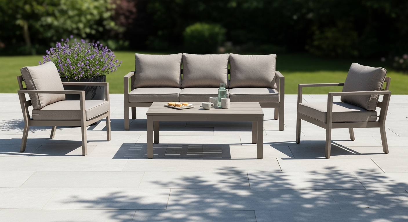 Hespéride ORISSA Taupe Garden Furniture Set with sofa and armchairs on patio