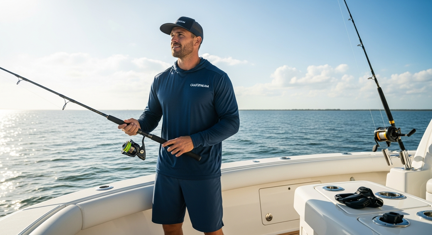 Hook and Tackle Gulfstream UV fishing shirt displayed on angler in water