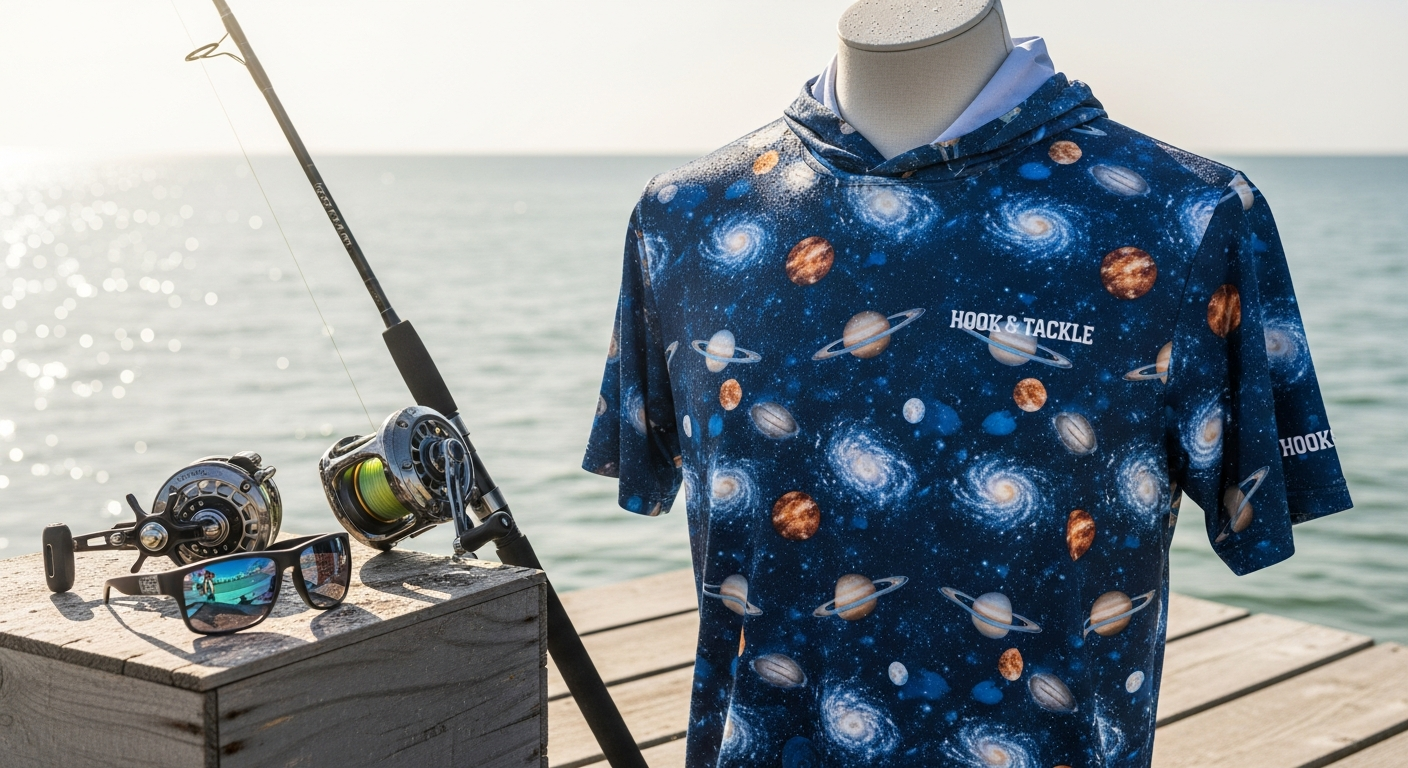 Hook and Tackle Solar System UV fishing shirt displayed on angler