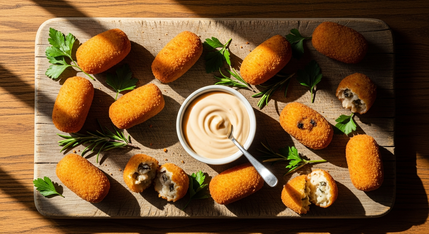 Golden crispy Spanish croquetas variadas on white plate with sauce