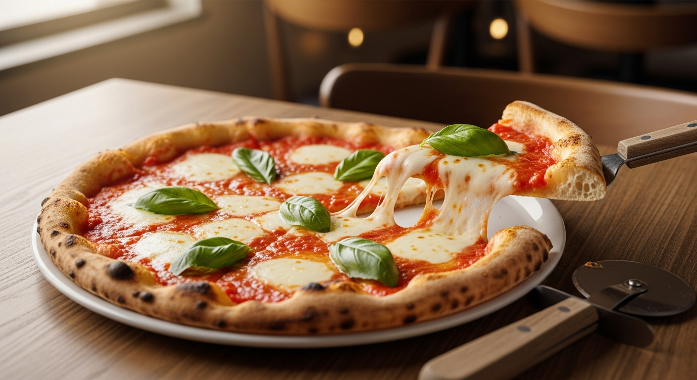 Classic Italian pizza with fresh toppings being delivered in Spain