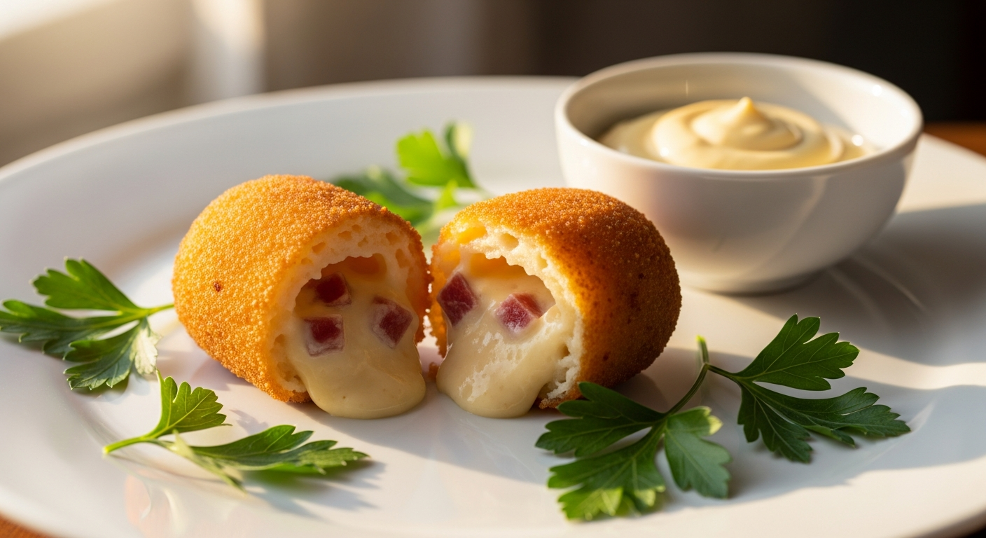 Golden Spanish croquettes with crispy exterior and creamy filling on white plate