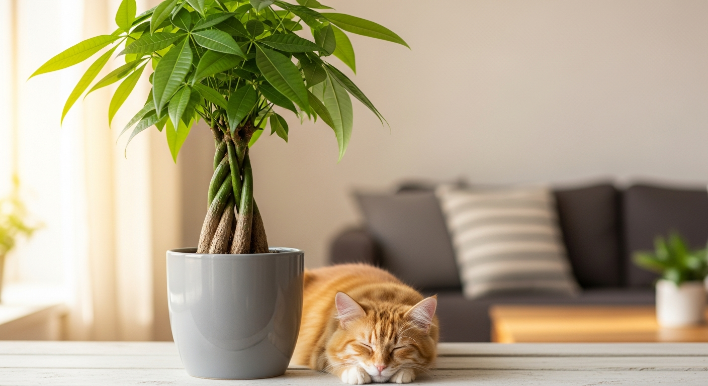 Lively Root Money Tree Plant with braided trunk in white pot indoors