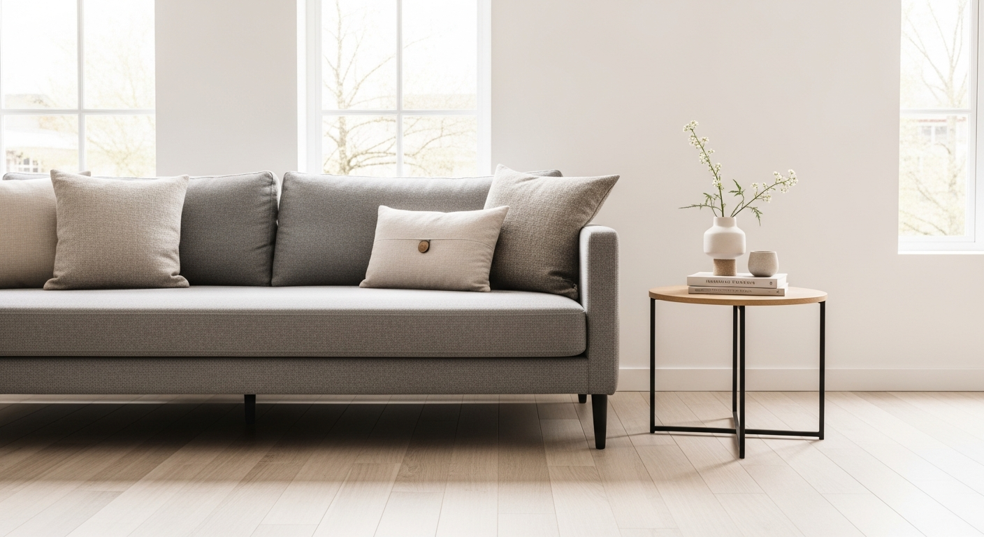 Long Beach Sofa in Sienna Natural finish displayed in a modern minimalist apartment living room