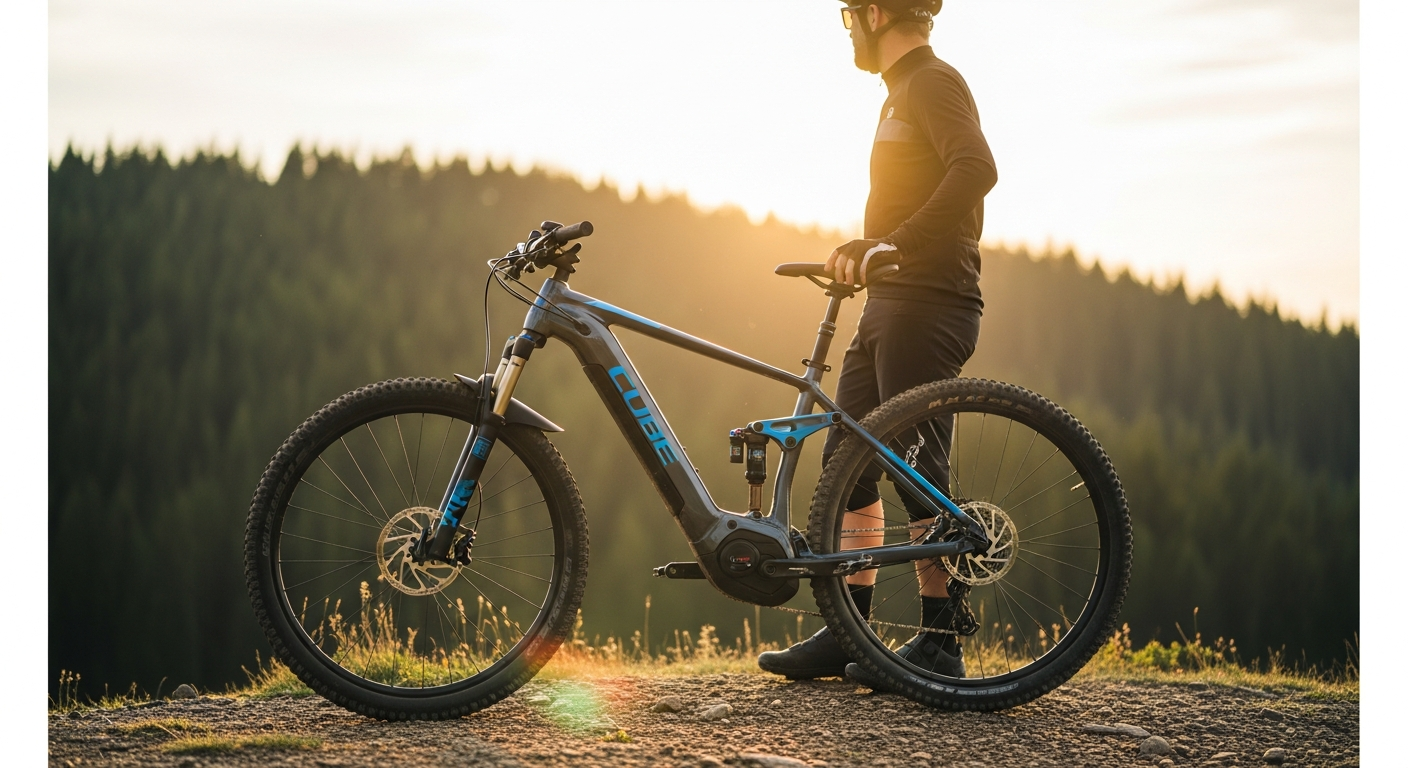 Cube Reaction Hybrid E-Mountain Bike on forest trail with rider