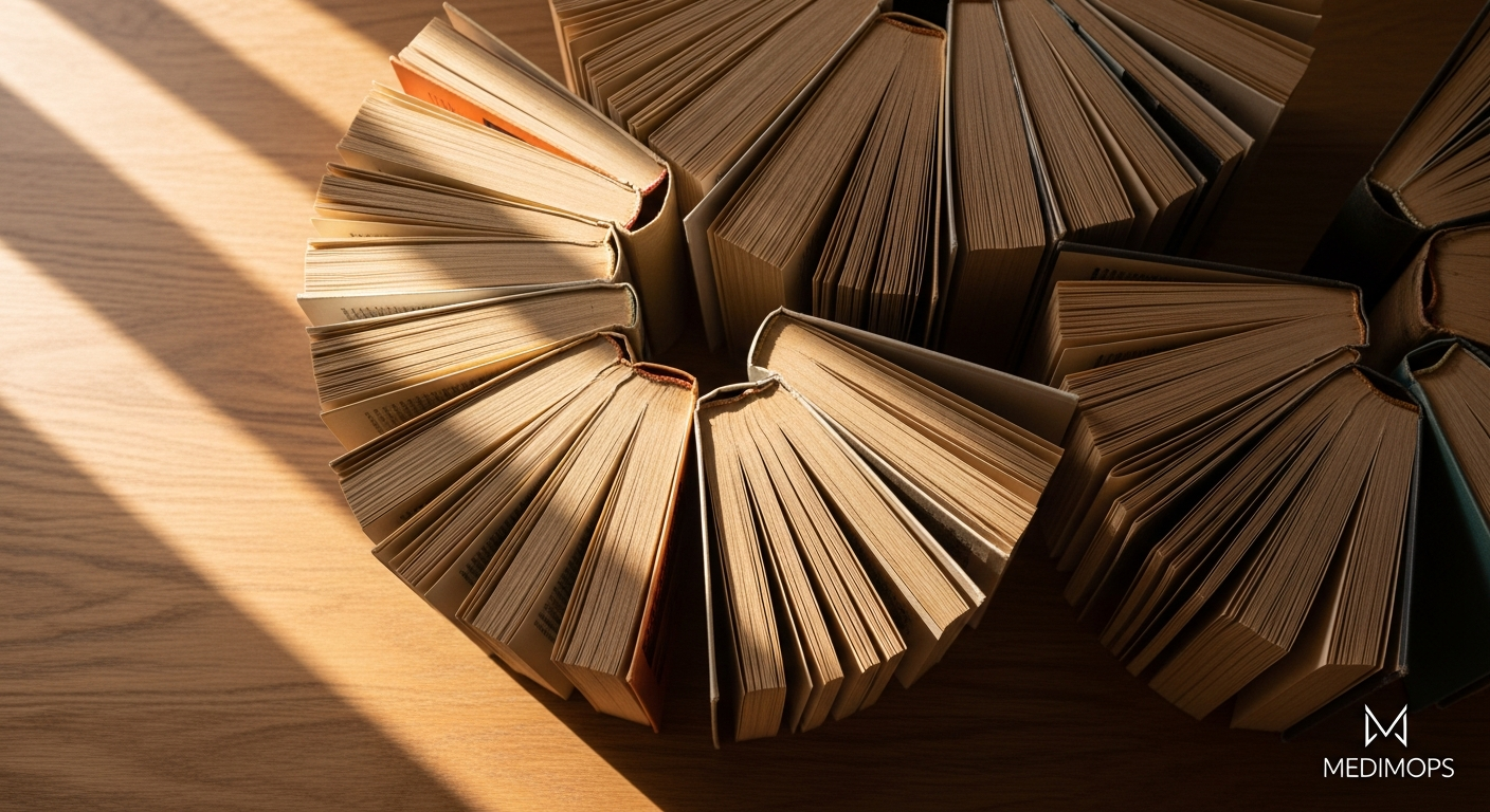 Stack of colorful second-hand novels displayed on wooden shelf