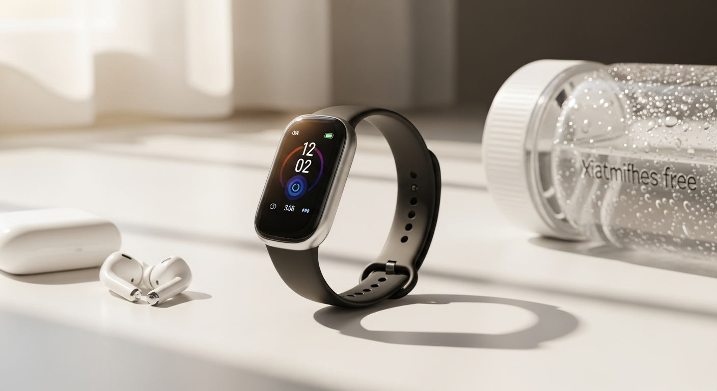 Xiaomi Smart Band 10 fitness tracker displaying AMOLED screen with health metrics