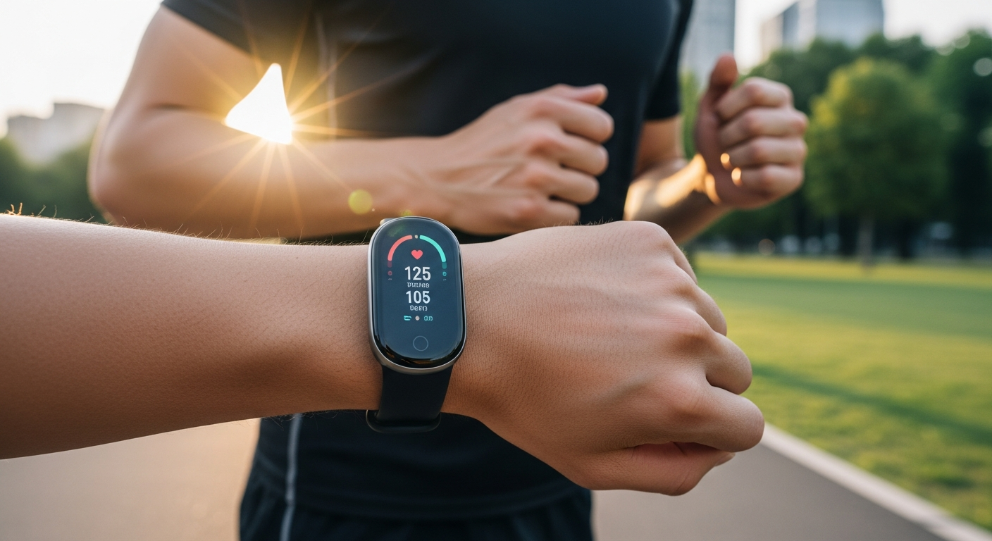 Xiaomi Smart Band 10 Pro fitness tracker displaying athletic performance metrics on AMOLED screen