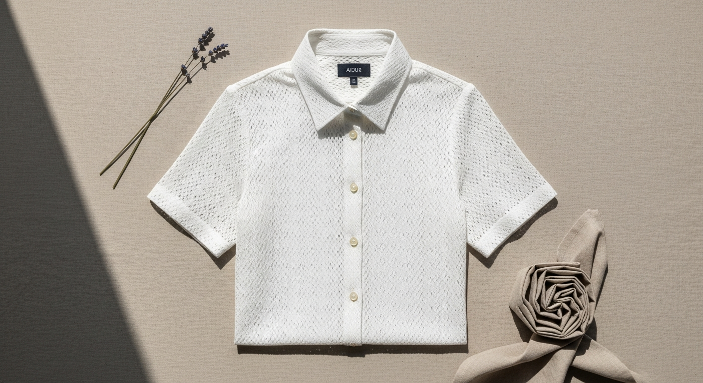 More & More Trendy Ajour Short-Sleeved Shirt displayed on a model showing delicate openwork pattern details