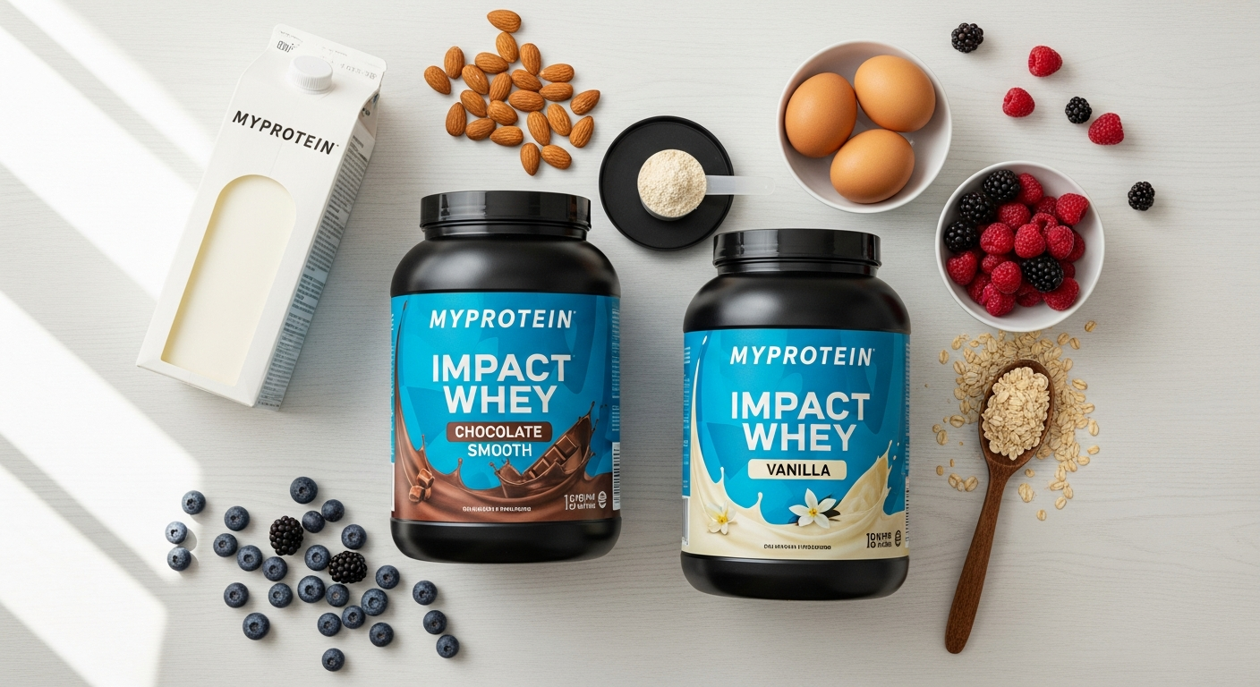 Myprotein Impact Whey Protein Powder container with multiple flavor varieties displayed