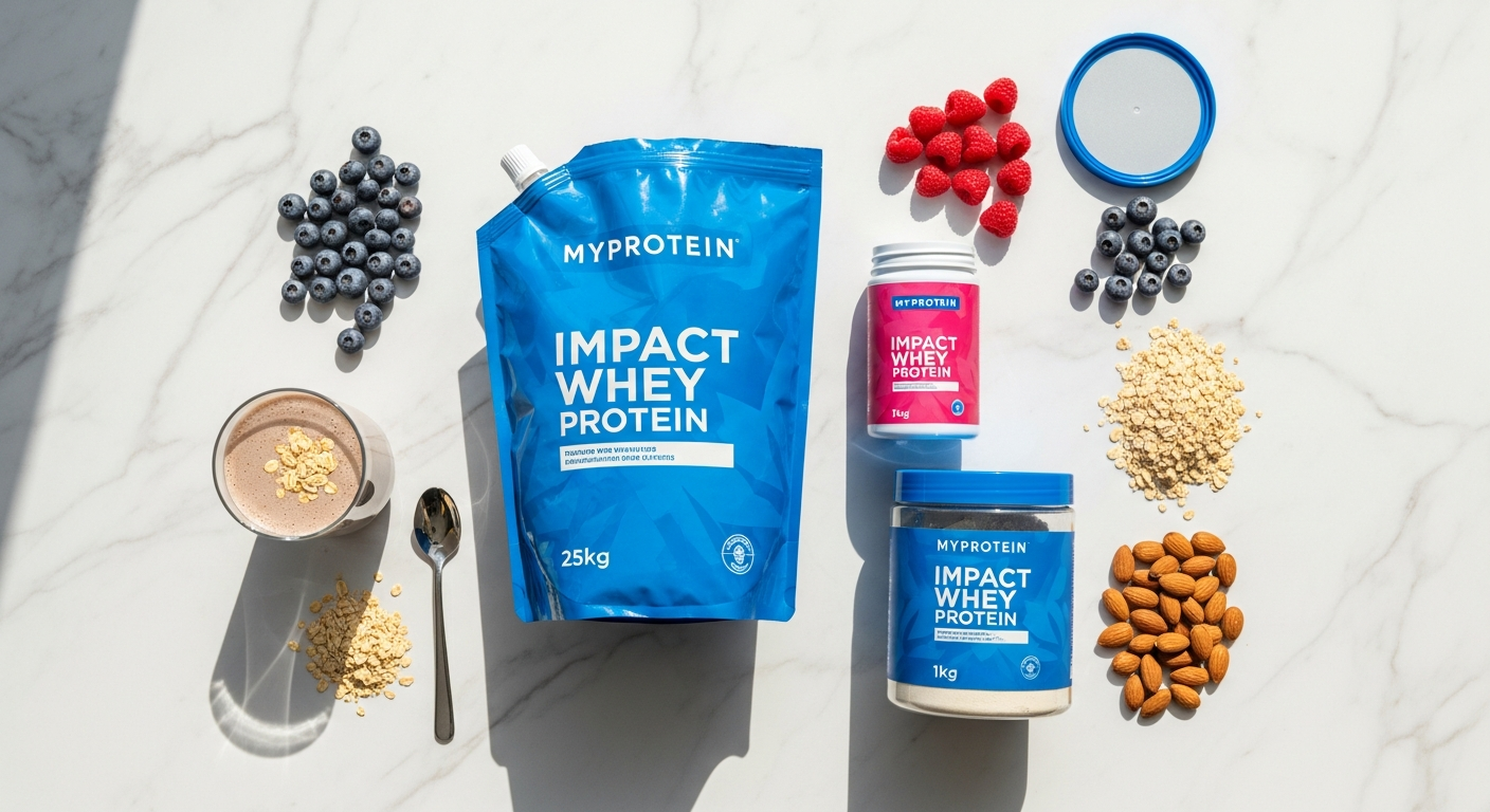 Myprotein Impact Whey Protein powder in various flavors displayed with fresh ingredients and prepared meals