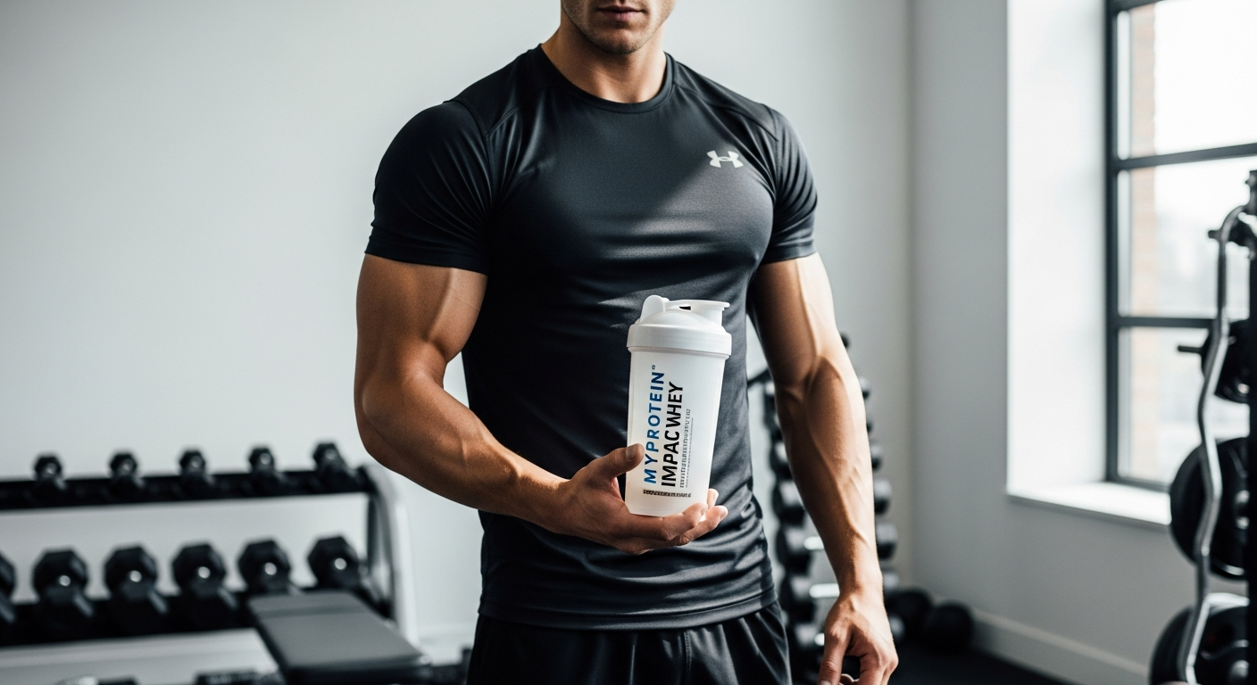 Myprotein Impact Whey Protein Powder container displayed with nutritional information visible