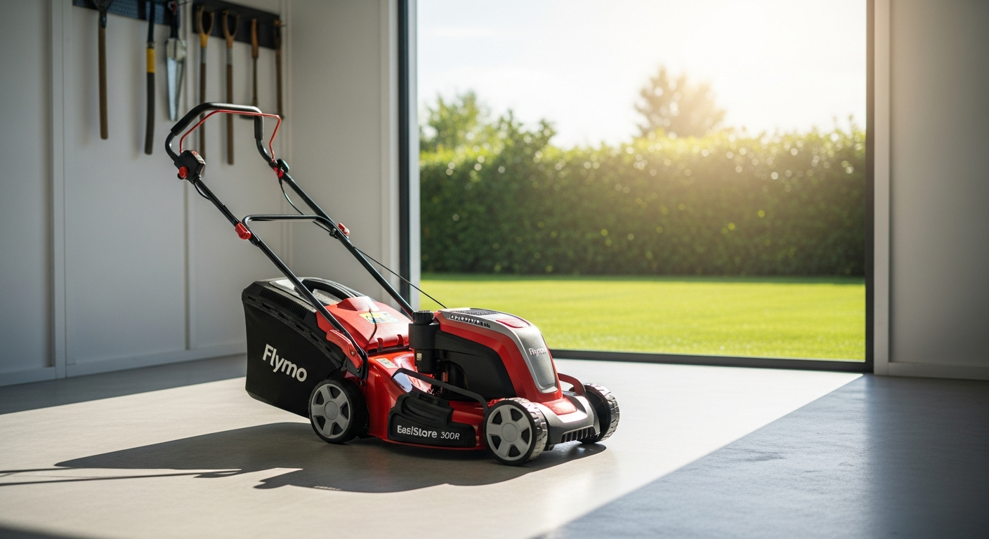 Flymo EasiStore 300R Electric Lawnmower in vertical storage position showing innovative folding design