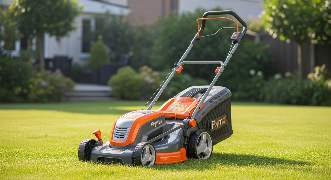 Flymo EasiStore 300R electric lawnmower in vertical storage position in compact garden shed