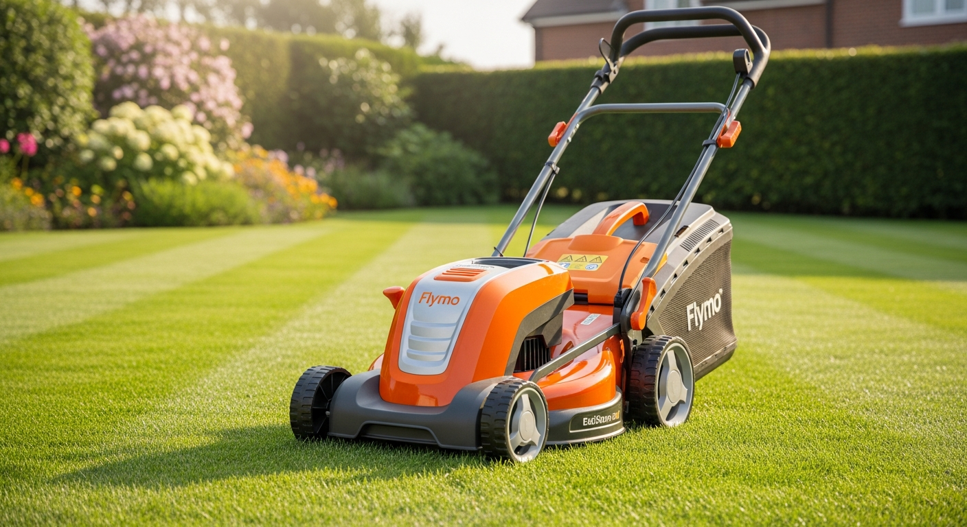 Flymo EasiStore 300R electric lawnmower in compact vertical storage position in garden shed