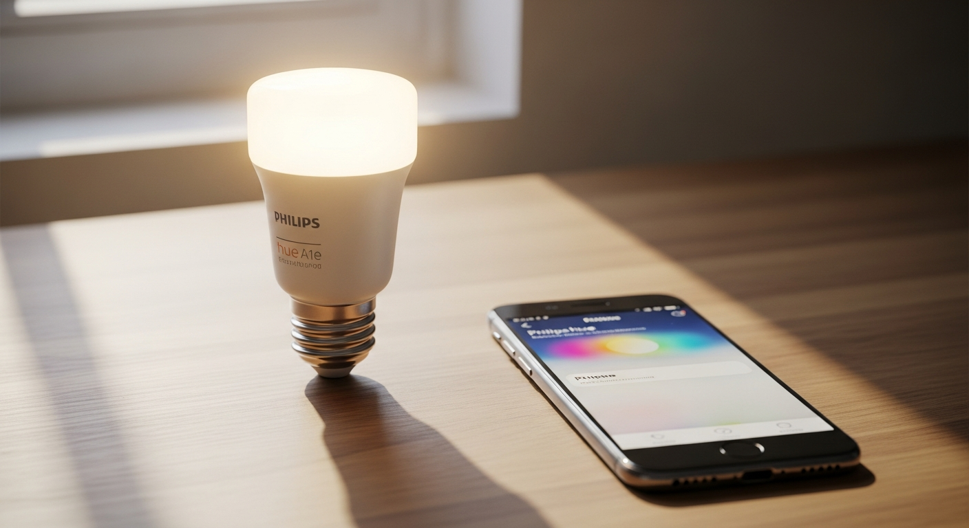 Philips Hue White and Color Ambiance A19 smart bulb glowing with vibrant colors