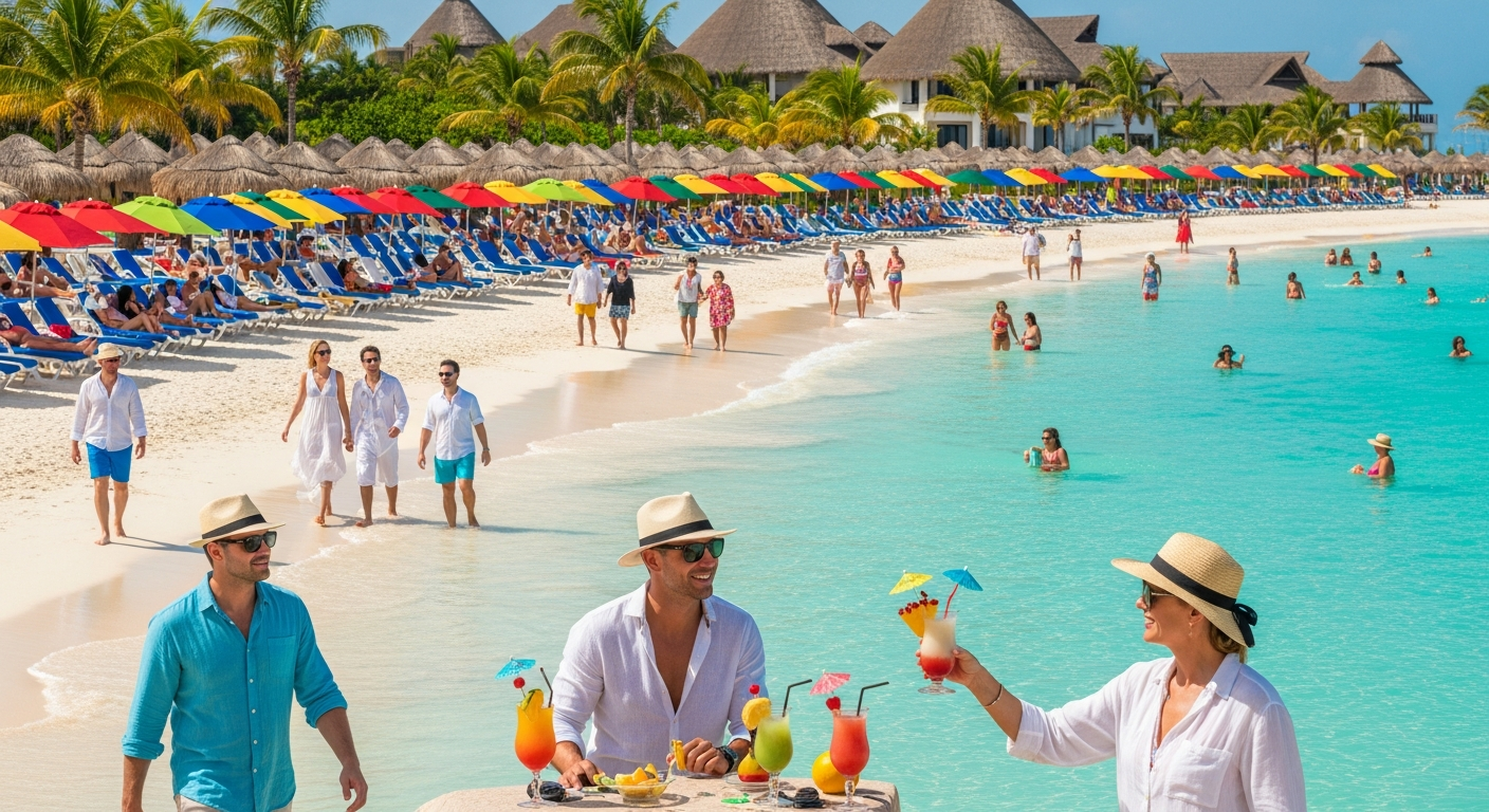 Tropical beach resort with turquoise water and palm trees at sunset