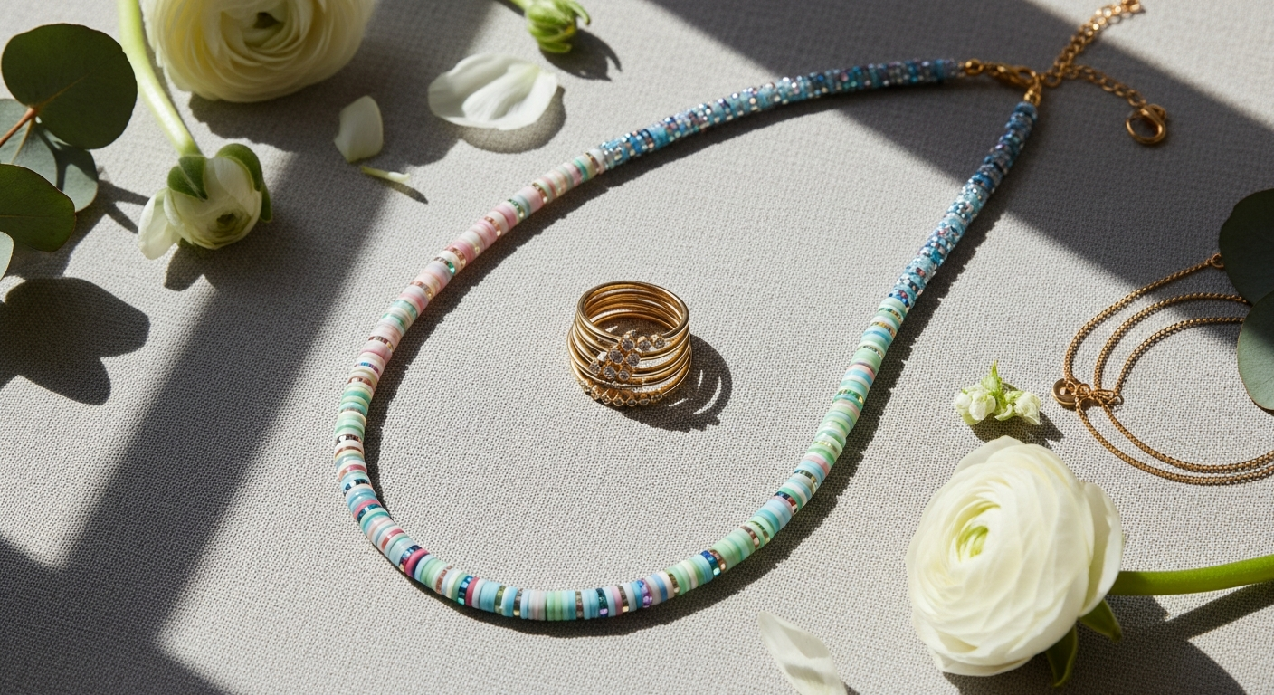 Misty Rainbow Beaded Heishi Necklace with semi-precious stones displayed on neutral background