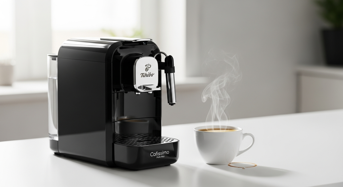 Tchibo Cafissimo Pure Plus compact capsule coffee machine on modern kitchen counter