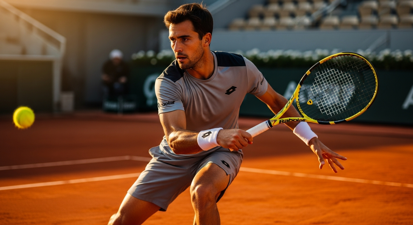 Babolat Pure Aero tennis racket on professional clay court with topspin action