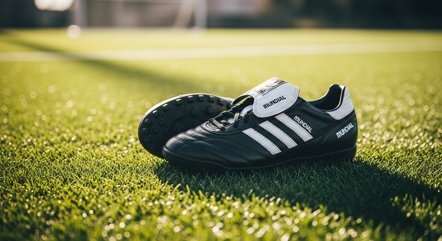 Adidas Mundial Team TF black and white turf football boots displayed on artificial grass surface