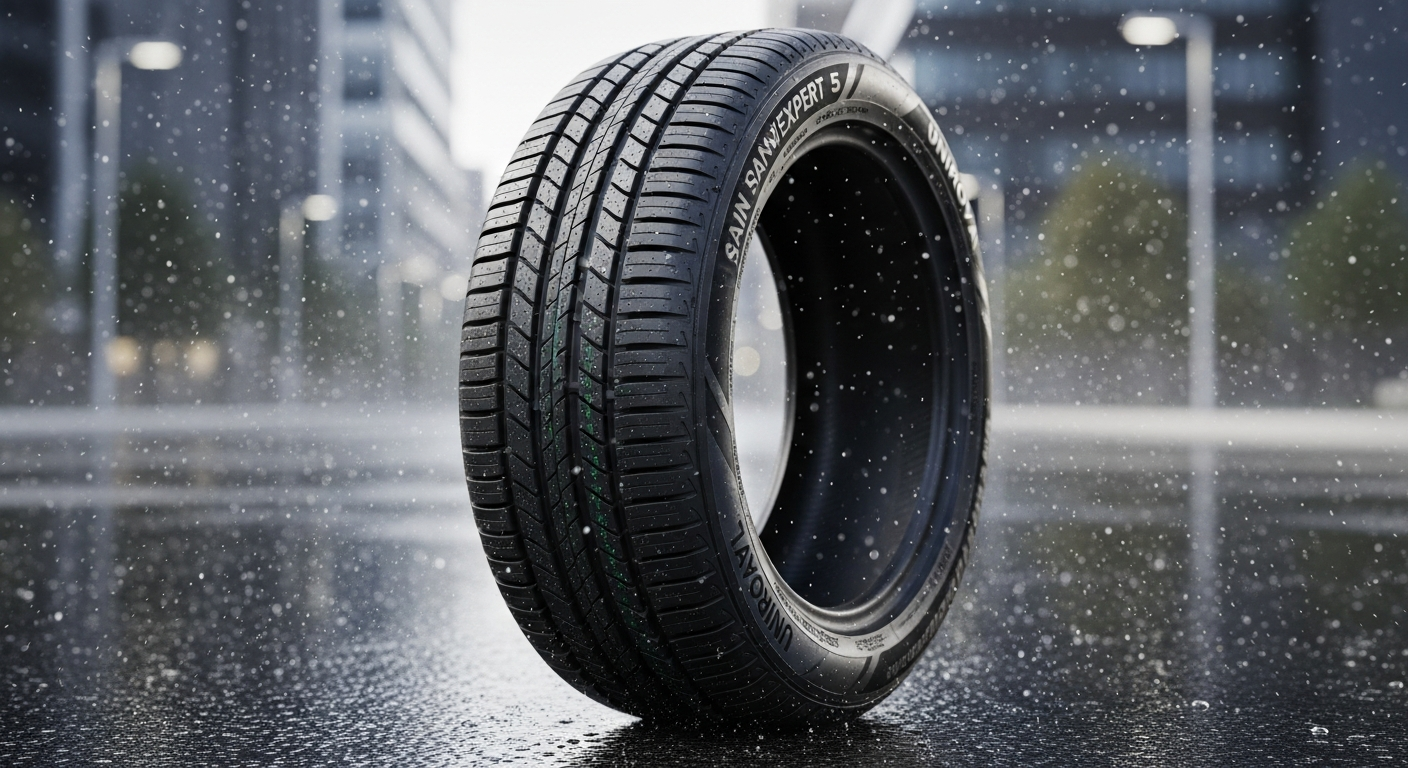 Uniroyal RainExpert 5 wet weather tire on wet road surface