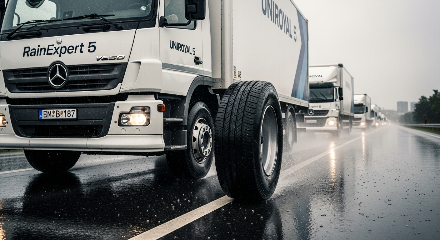 Fleet manager inspecting Uniroyal RainExpert 5 summer tires on commercial delivery vehicle