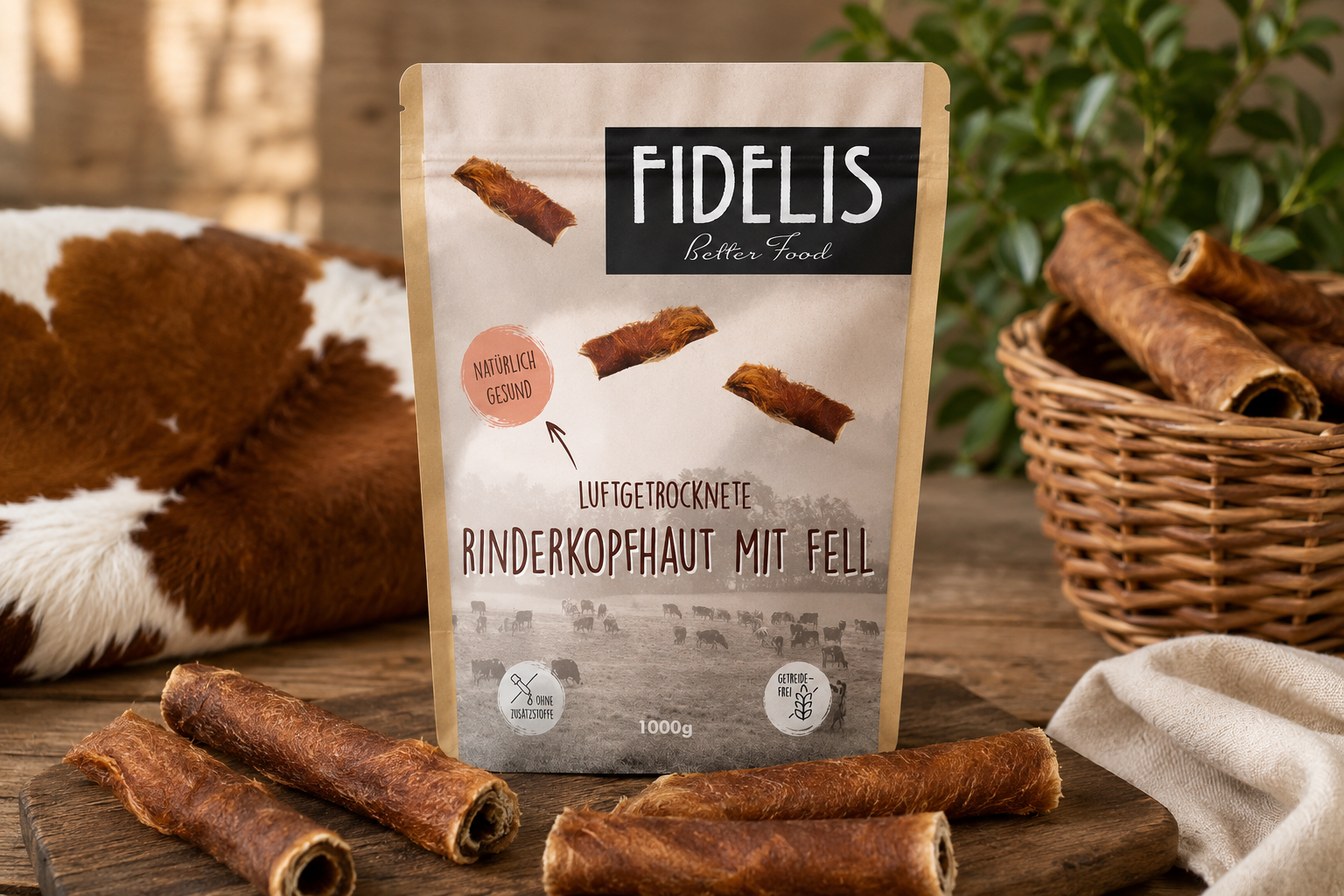 Fidelis Beef Hide with Fur dog treats in a 1000g resealable pouch, featuring air-dried natural beef scalp with fur for long-lasting chewing and dental health for dogs.