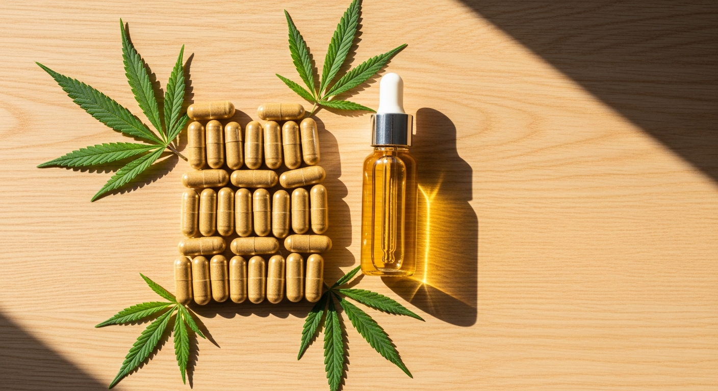 13 Seeds hemp seed oil capsules displayed with fresh hemp seeds and healthy glowing skin