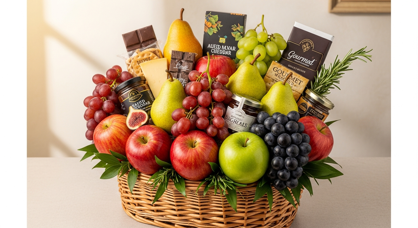 Elegant wicker basket filled with fresh seasonal orchard fruits and gourmet items