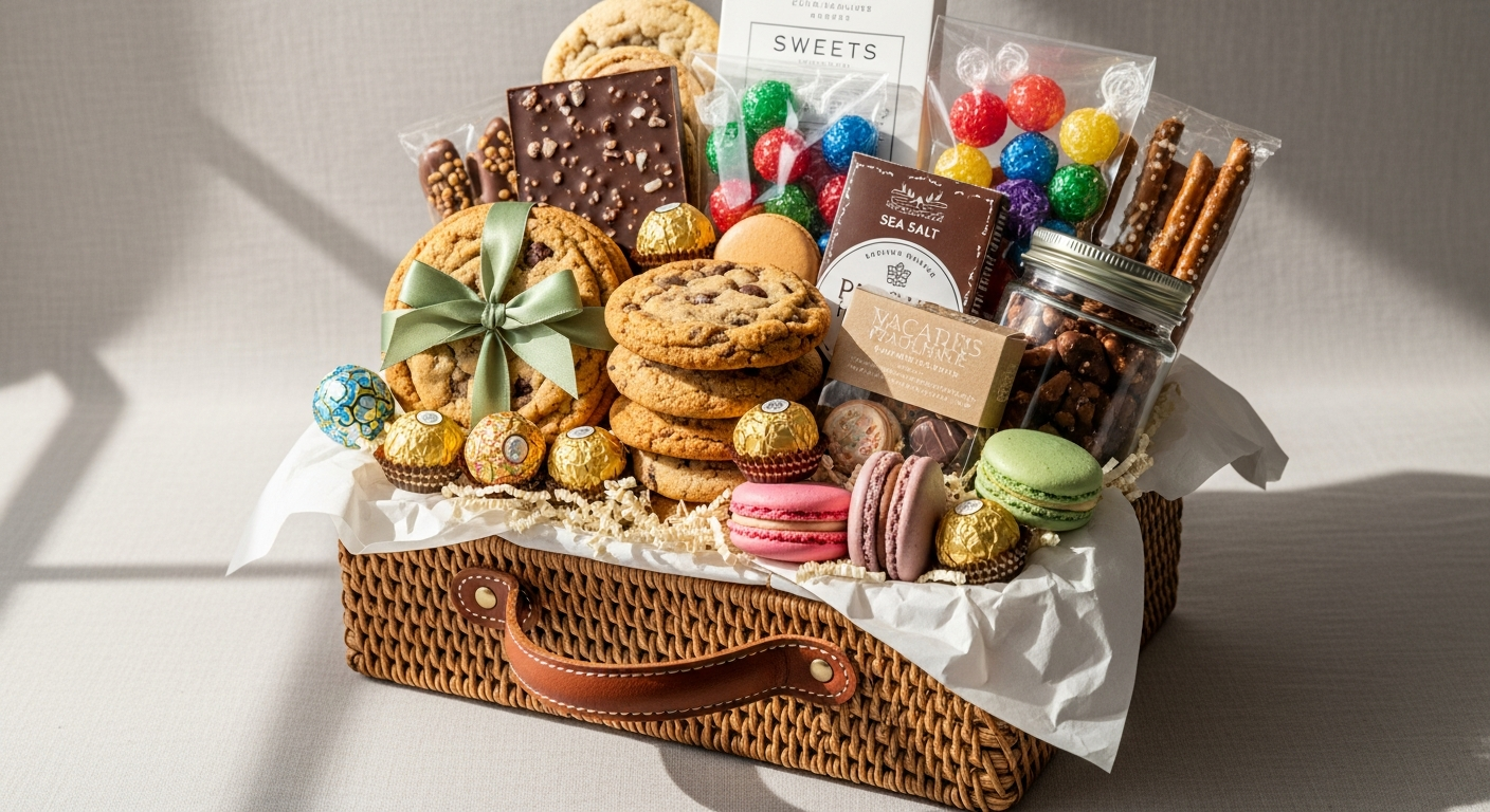 Premier Favorites Sweets and Treats Gift Basket with gourmet chocolates and branded treats