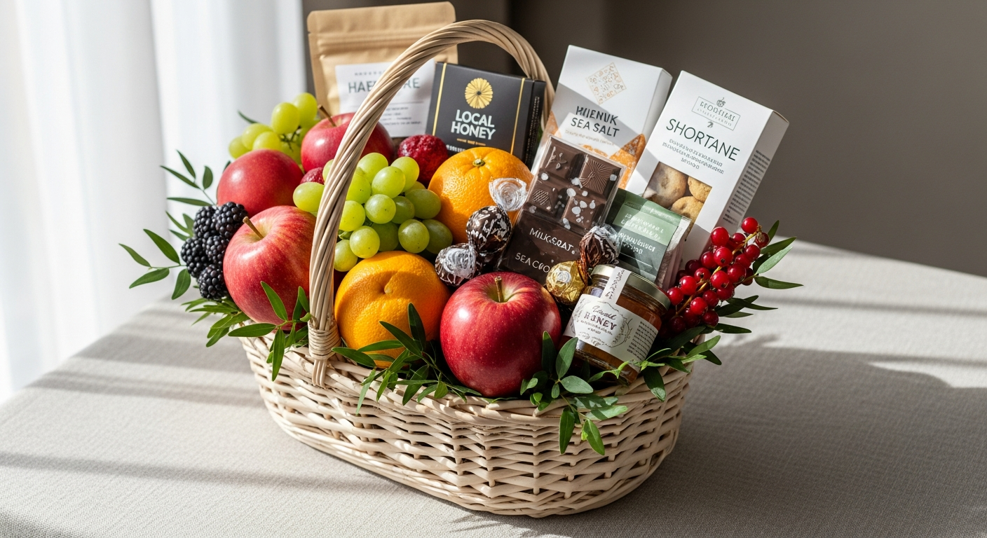 Elegant sympathy fruit and sweets gift basket with fresh produce and gourmet treats