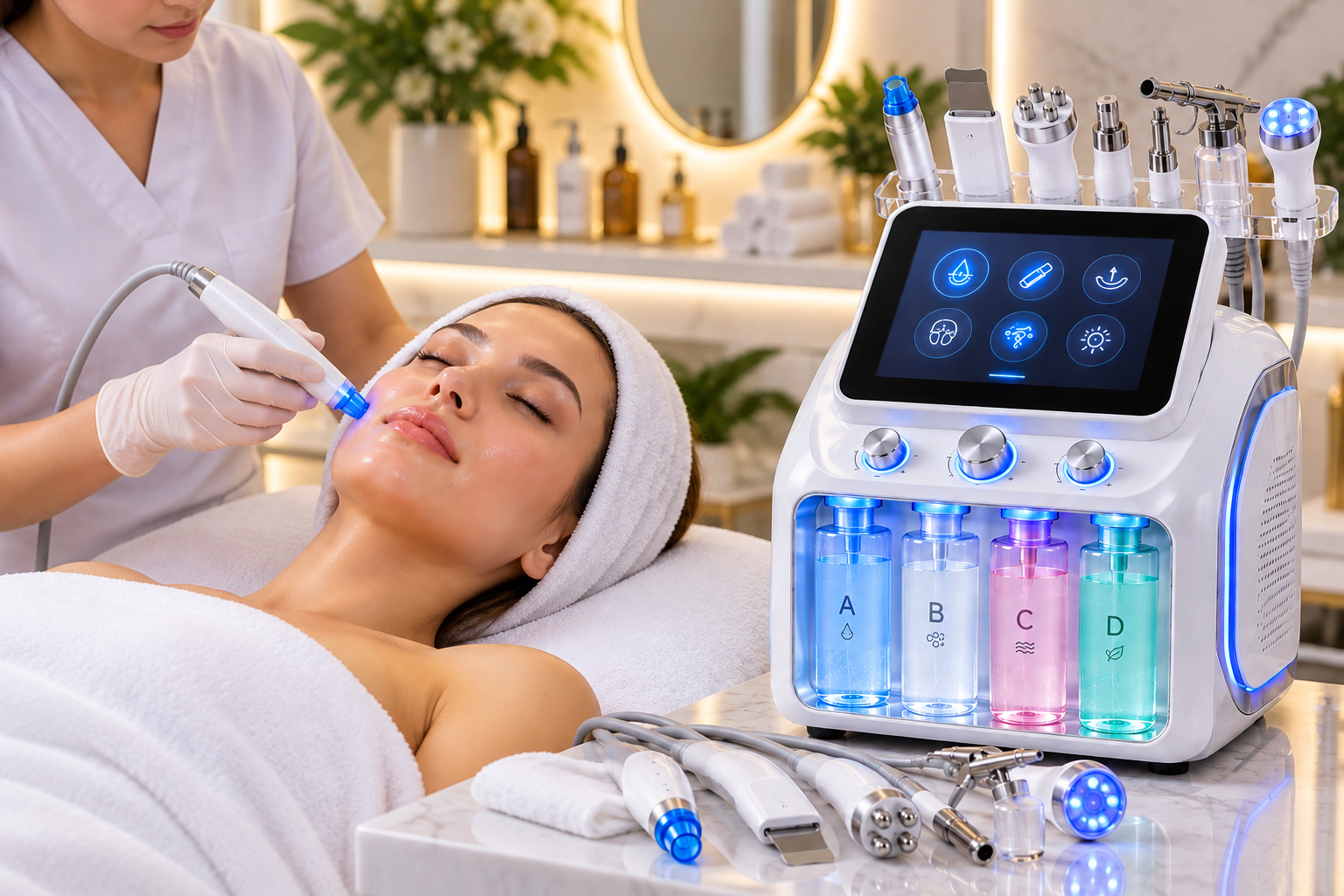 MYCHWAY 6-in-1 Hydro Dermabrasion Facial Machine with multiple facial treatment handpieces for skin care.