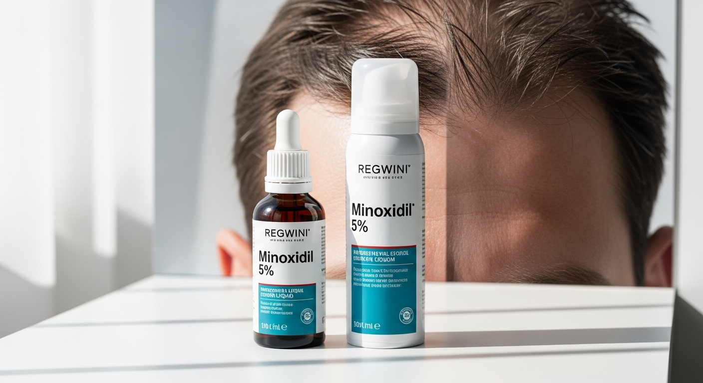 Minoxidil 5% liquid and foam bottles displayed with hair regrowth treatment information