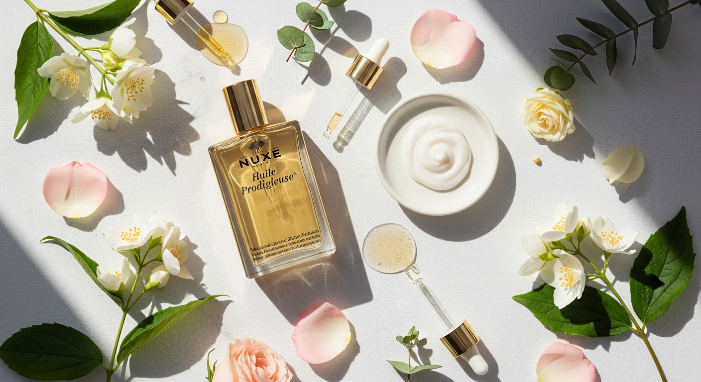 Nuxe Huile Prodigieuse golden dry oil bottle with botanical ingredients and shimmer variant displayed