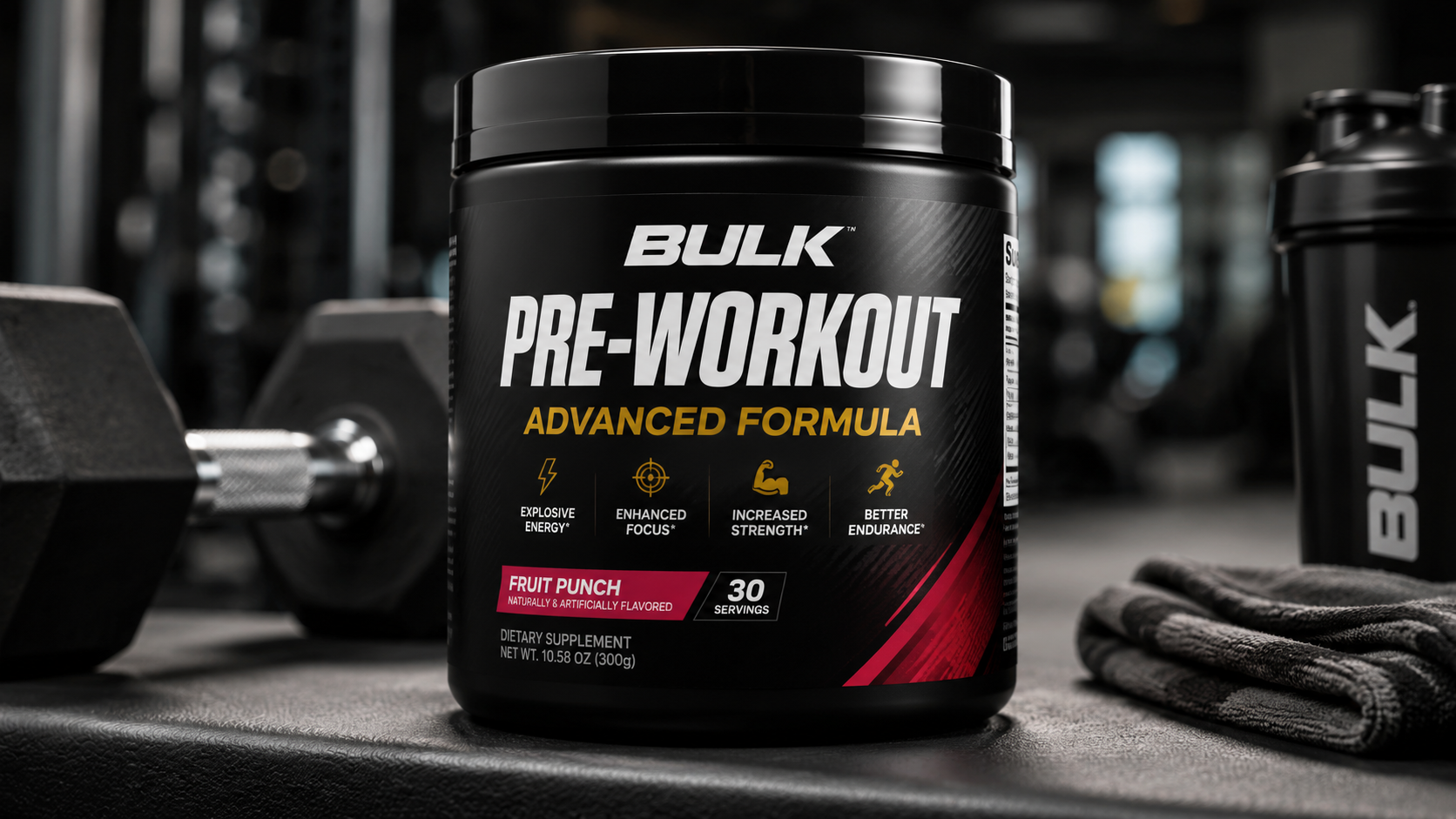 Bulk Pre-Workout Advanced Formula supplement tub on a gym bench with dumbbells and shaker bottle, showcasing a fruit punch pre-workout designed for energy, focus, strength, and endurance.