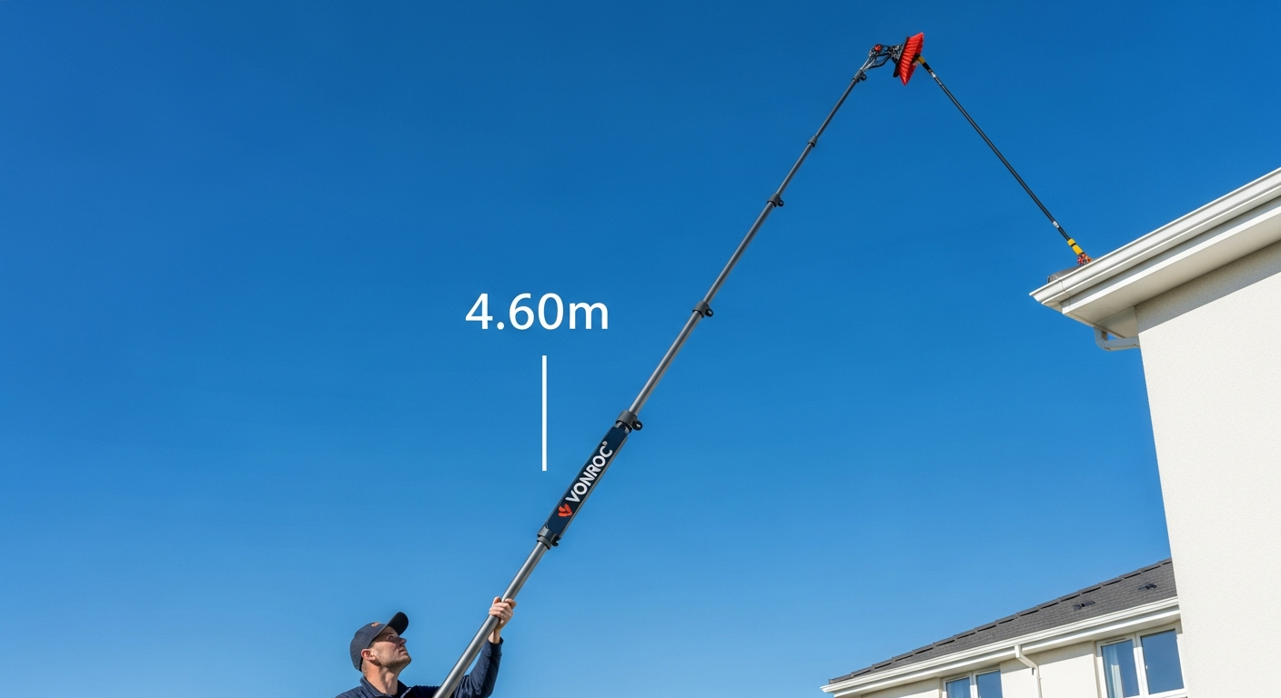 VONROC telescopic washing brush extended to full 4.60m reach cleaning solar panels