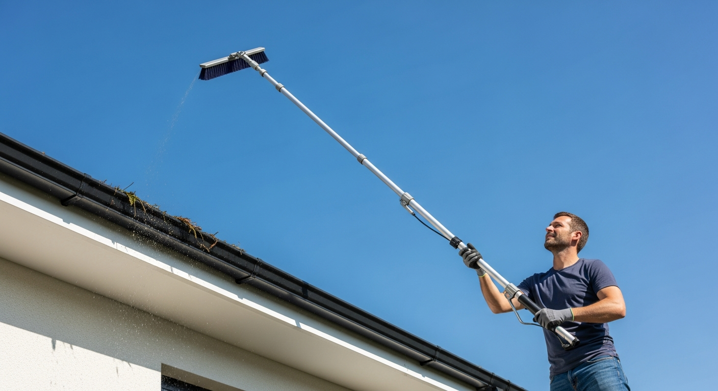 VONROC Telescopic Washing Brush 6.5m extended against multi-story residential building exterior