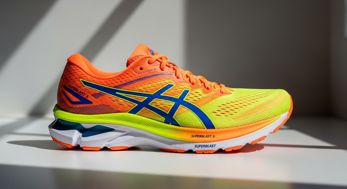 ASICS Superblast 3 running shoes displayed on pavement for marathon training