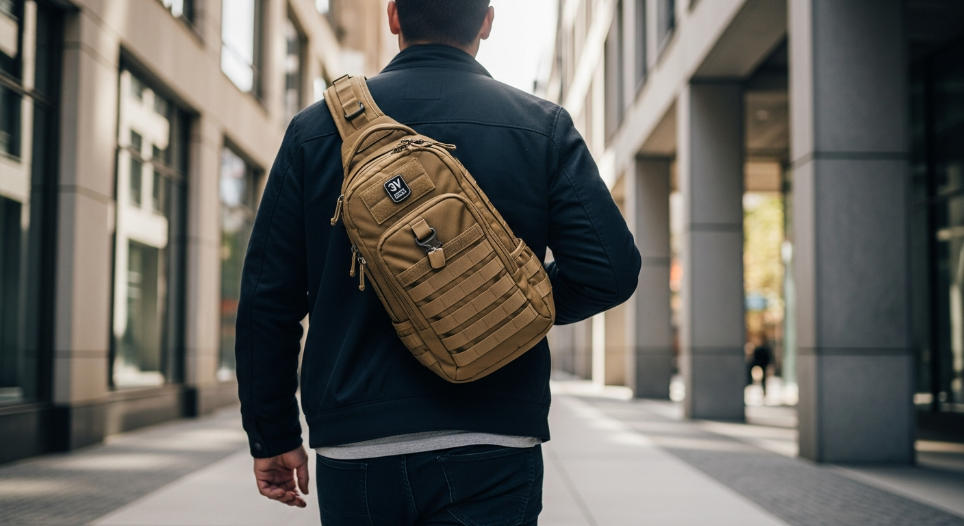 3V Gear Outlaw II Sling Pack displayed with dynamic access system demonstrated for urban commuting