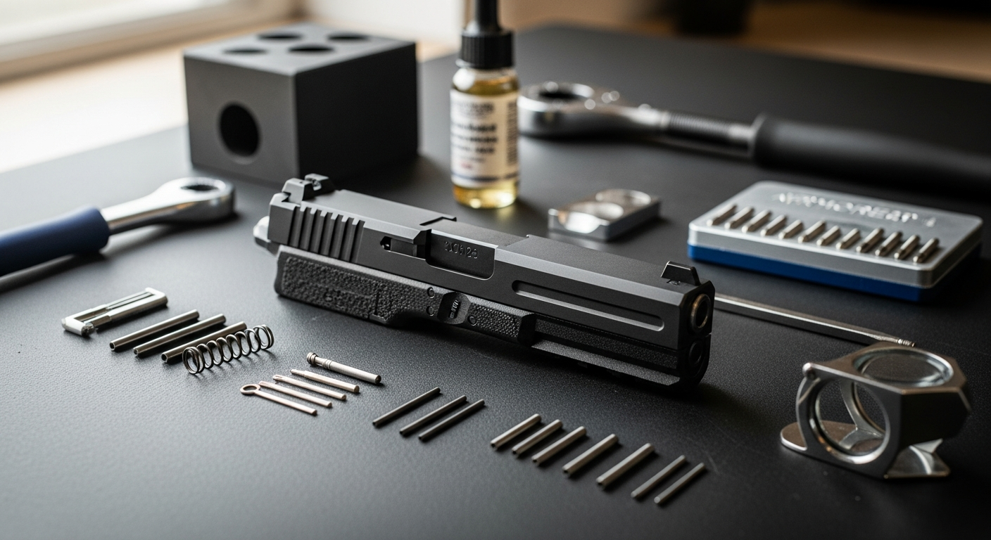 3CR Glock 19/23 slide completion kit components displayed on workbench
