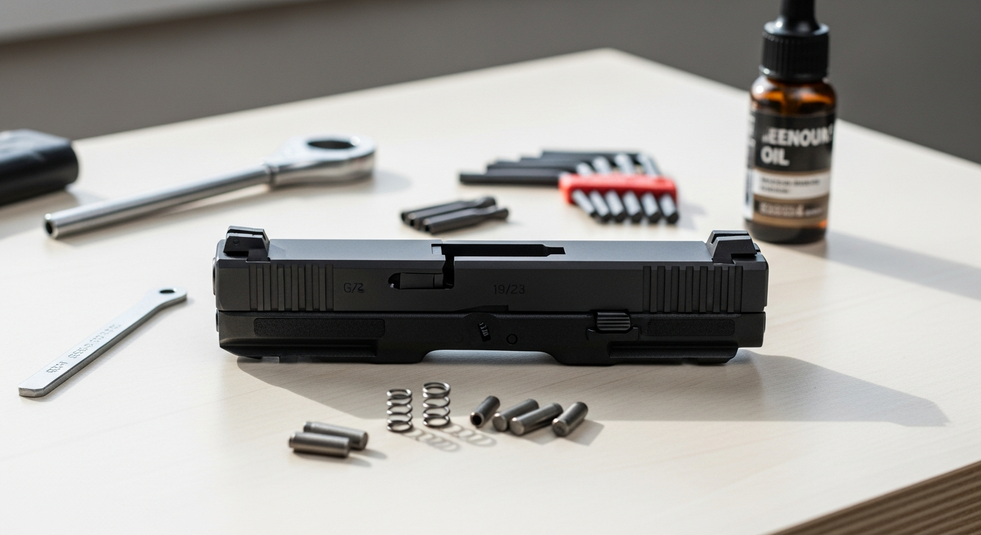 3CR Glock 19/23 slide completion kit components displayed on workbench