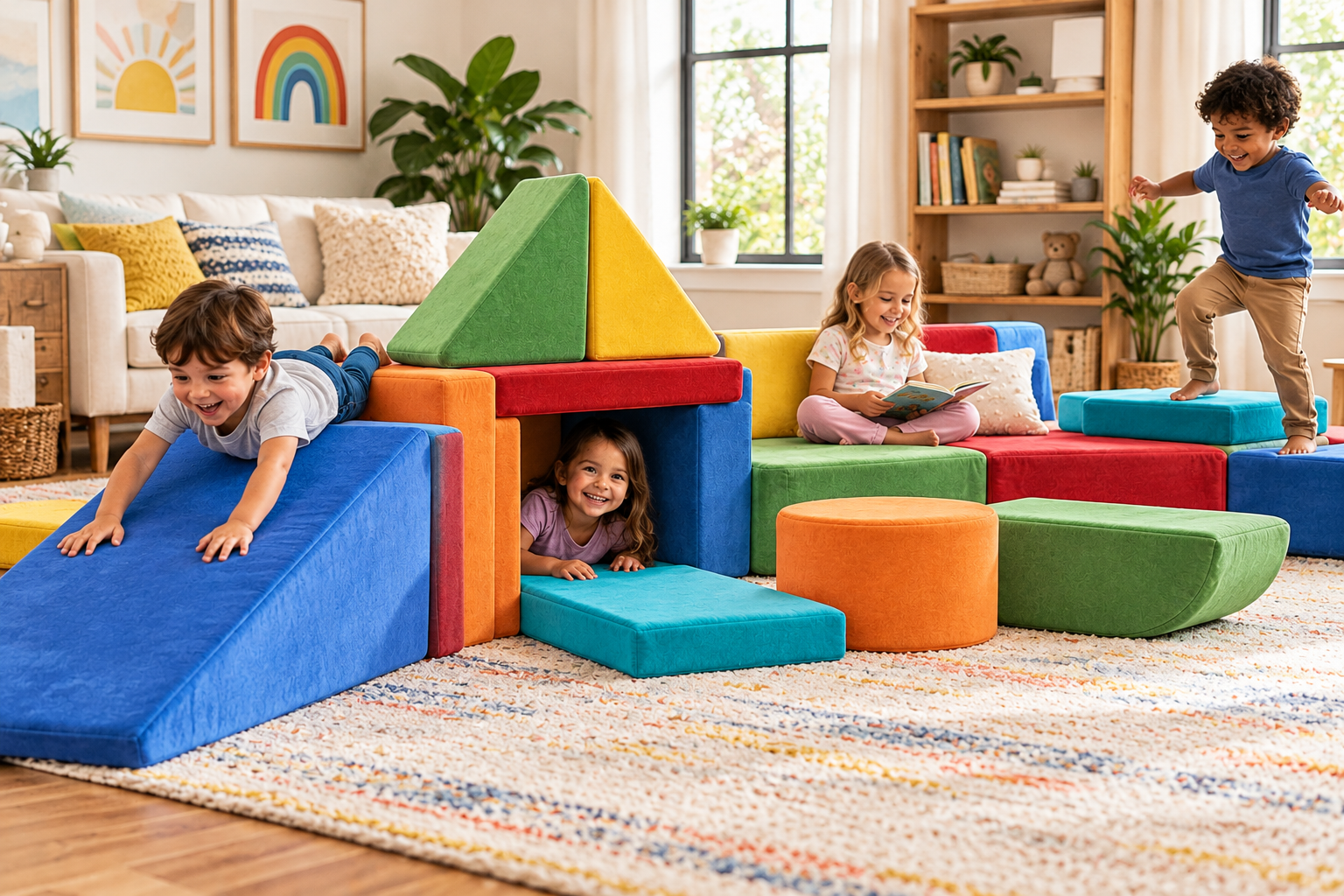 Frolic & Fun 16-Piece Modular Play Couch featuring colorful foam cushions arranged into a comfortable children's play and seating area.