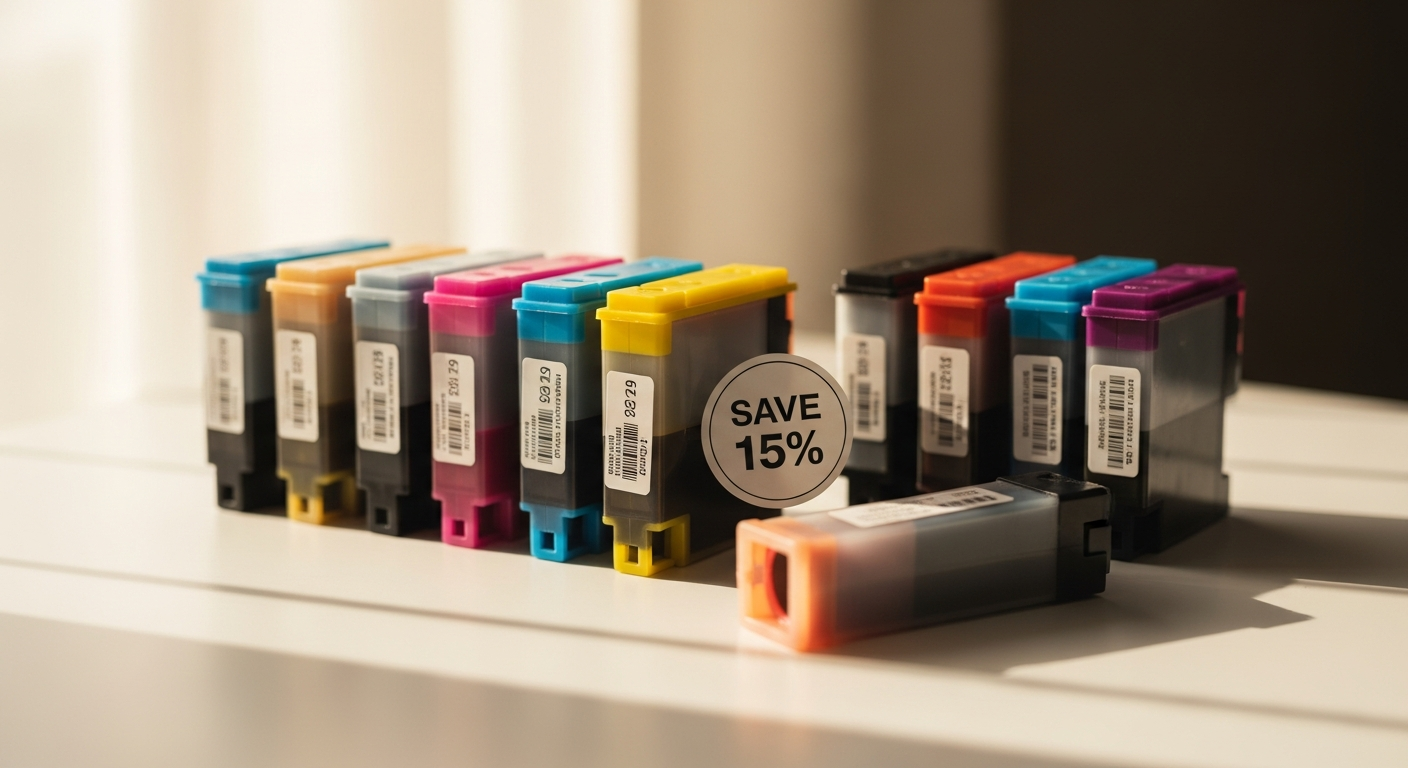 Peach Compatible Ink Cartridges Economy Pack boxes displayed with printer and documents