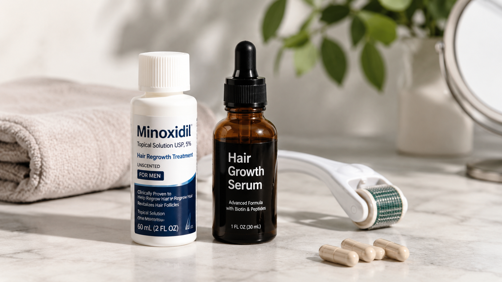 Hair loss treatment products including topical minoxidil, hair growth serum, derma roller, and supplements arranged on a bathroom countertop for hair regrowth and scalp care.