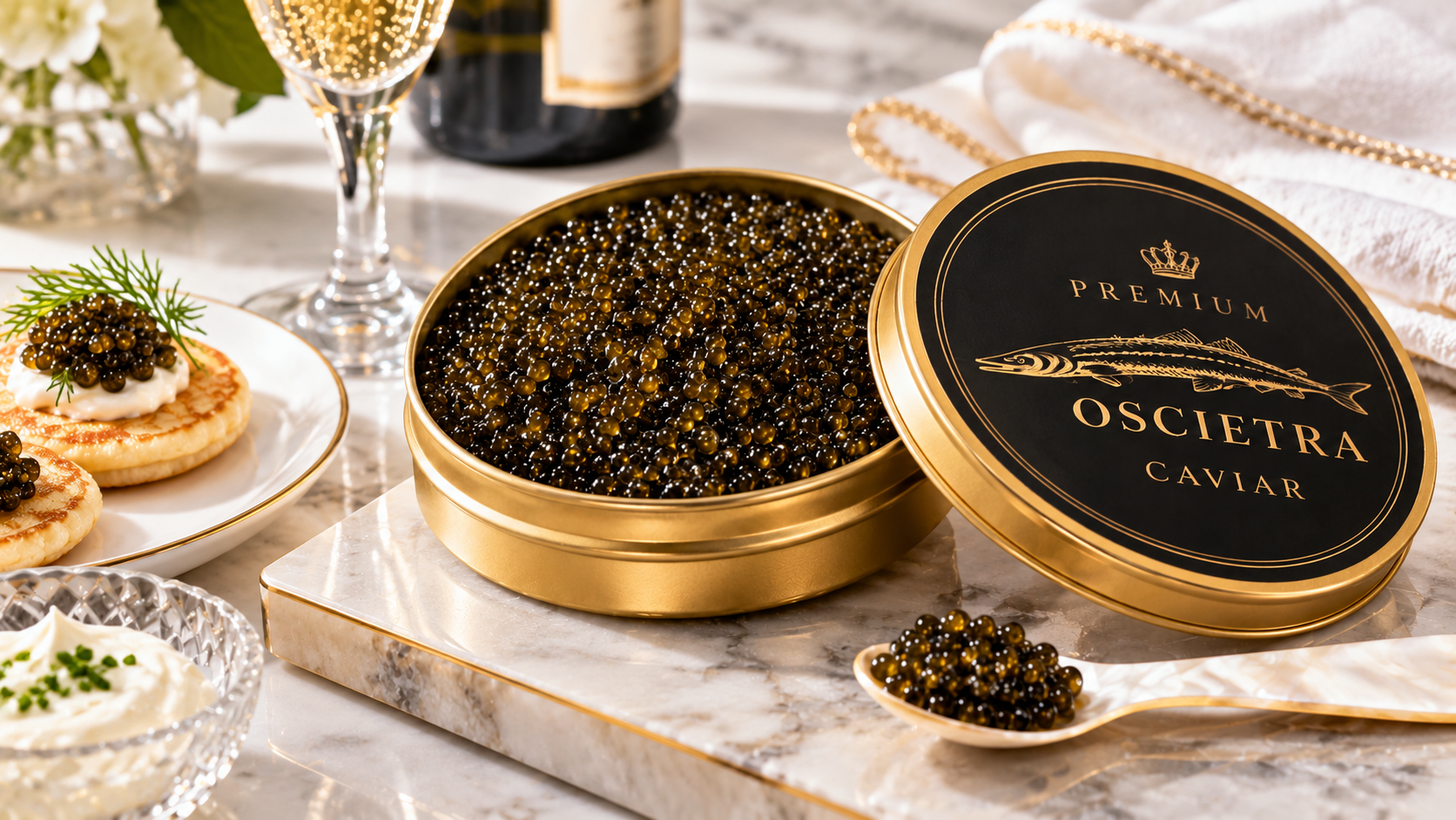 Premium Oscietra Caviar served in an elegant presentation, featuring delicate sturgeon roe with a glossy texture and distinctive appearance.