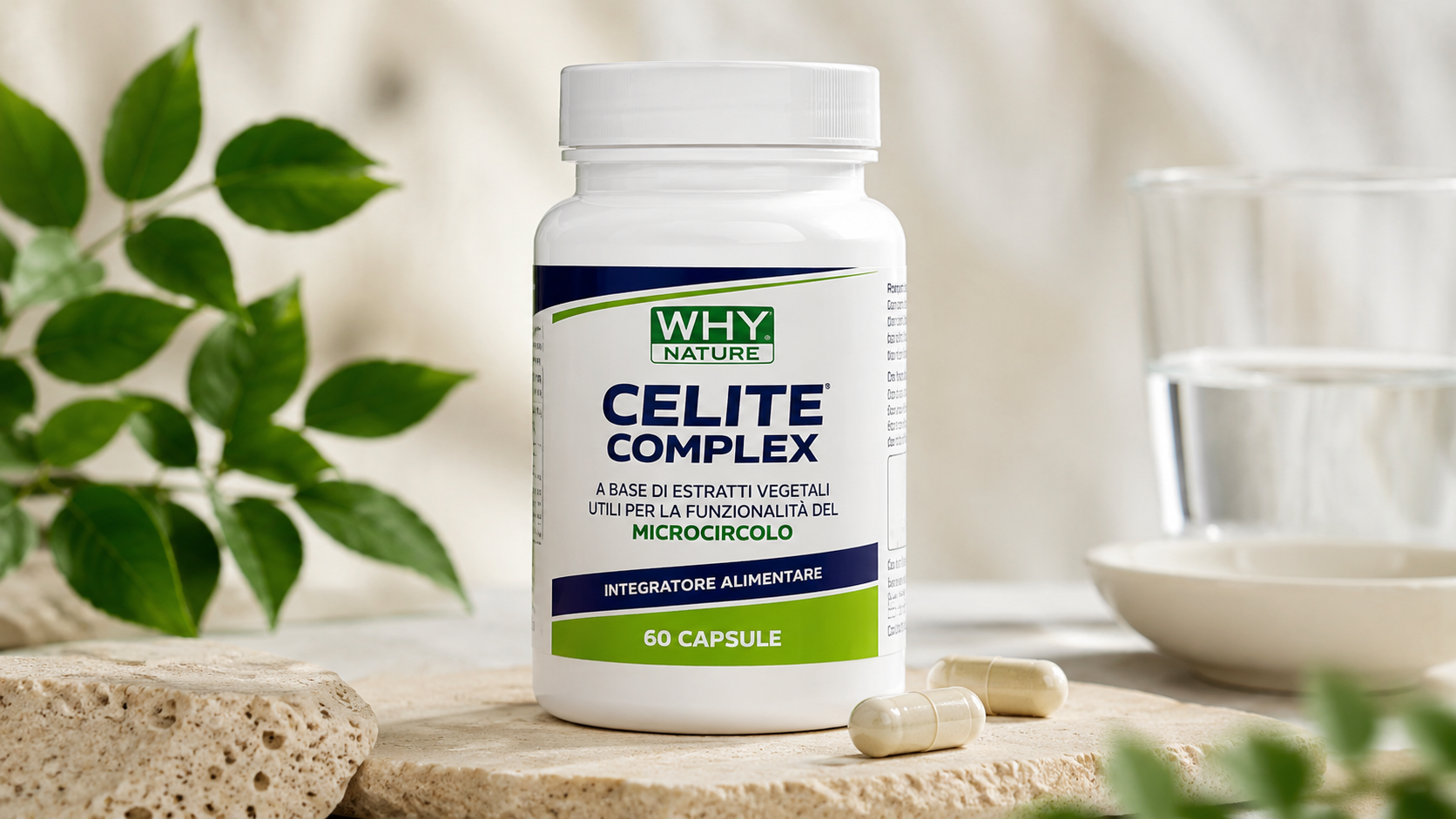 WHYNATURE Celite Complex 60 Capsules bottle with capsules on a natural stone surface, dietary supplement for microcirculation support, heavy legs, and cellulite.