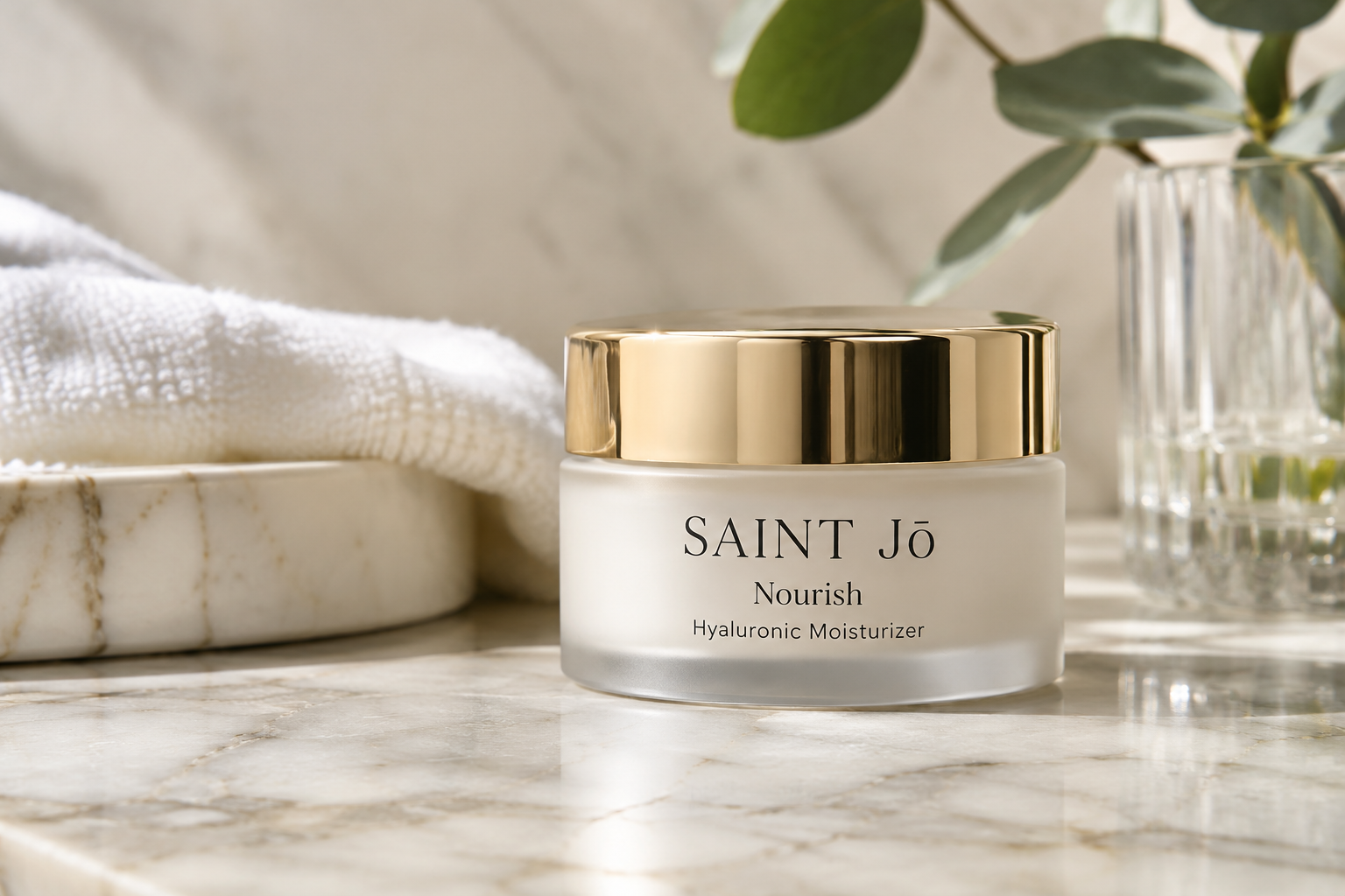 SAINT Jō Nourish Hyaluronic Moisturizer for lightweight daily facial hydration and skincare.
