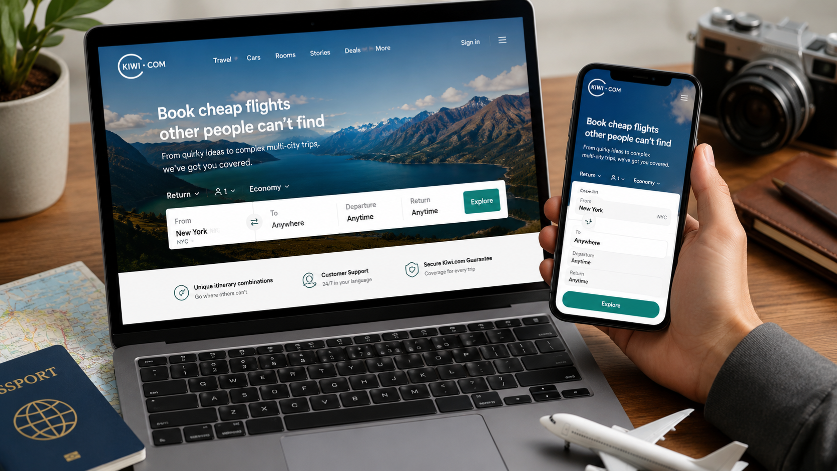 Kiwi.com airline ticket booking website displayed on a laptop and smartphone with passport, map, and travel accessories for finding cheap flights and planning international travel.